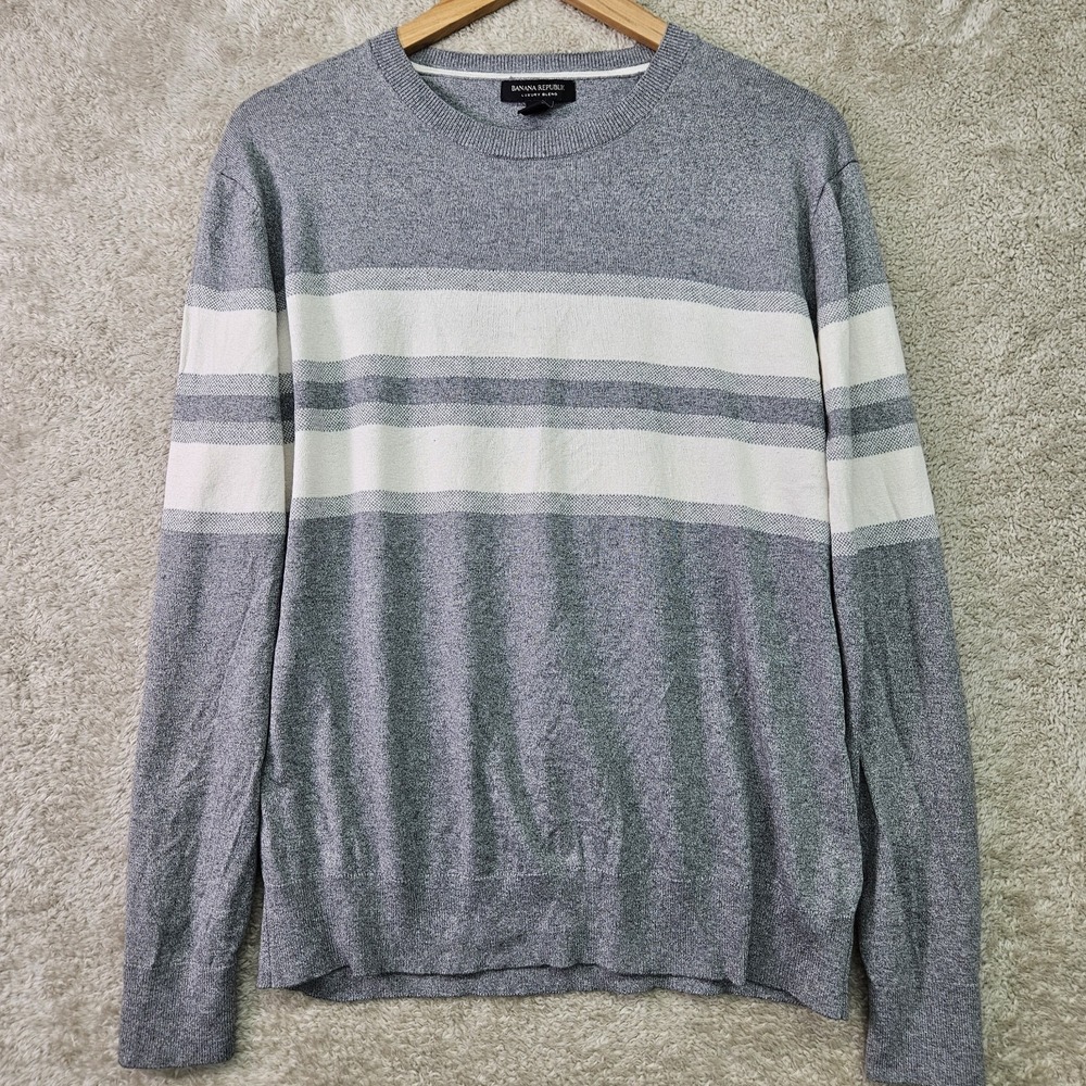 Banana Republic Luxury Blend‎ Sweater Mens L Gray Striped Silk Cashmere Crewneck